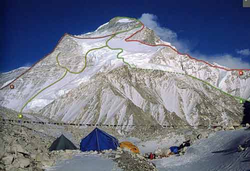 
Cho Oyu Northwest Face With Climbing Routes: 1. Spanish-Austrian route 1996,  2. C. Strangl route 2001, 3. Austrian route of first ascent 1954,  4. Polish route 1986. - 8000 Metri Di Vita, 8000 Metres To Live For book
